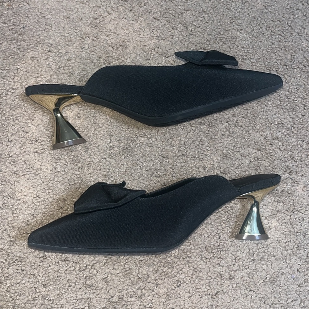 Aerosoles Juju Pointed Toe Mule Bow Gold Metallic Heel Black Fabric 11 - Picture 5 of 9